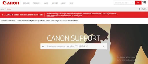 Canon’s support page
